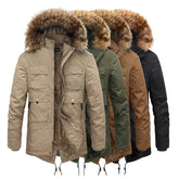 HARDLAND Men's Coat Autumn Winter Plus Velvet Hooded Fur Collar Mid-Length Tooling Jacket