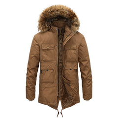 HARDLAND Men's Coat Autumn Winter Plus Velvet Hooded Fur Collar Mid-Length Tooling Jacket