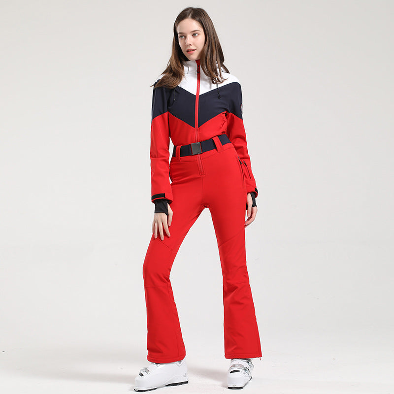 HARDLAND Women's Retro Belted Color-Blocked Flare Ski Suit