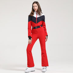 HARDLAND Women's Retro Belted Color-Blocked Flare Ski Suit