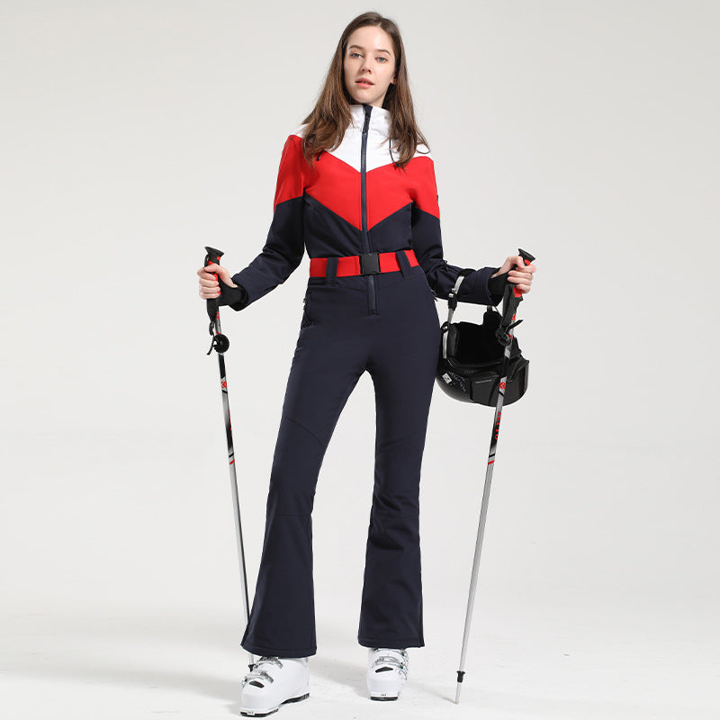 HARDLAND Women's Retro Belted Color-Blocked Flare Ski Suit