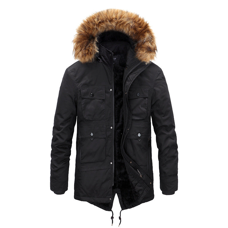 HARDLAND Men's Coat Autumn Winter Plus Velvet Hooded Fur Collar Mid-Length Tooling Jacket