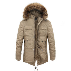HARDLAND Men's Coat Autumn Winter Plus Velvet Hooded Fur Collar Mid-Length Tooling Jacket