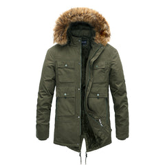 HARDLAND Men's Coat Autumn Winter Plus Velvet Hooded Fur Collar Mid-Length Tooling Jacket