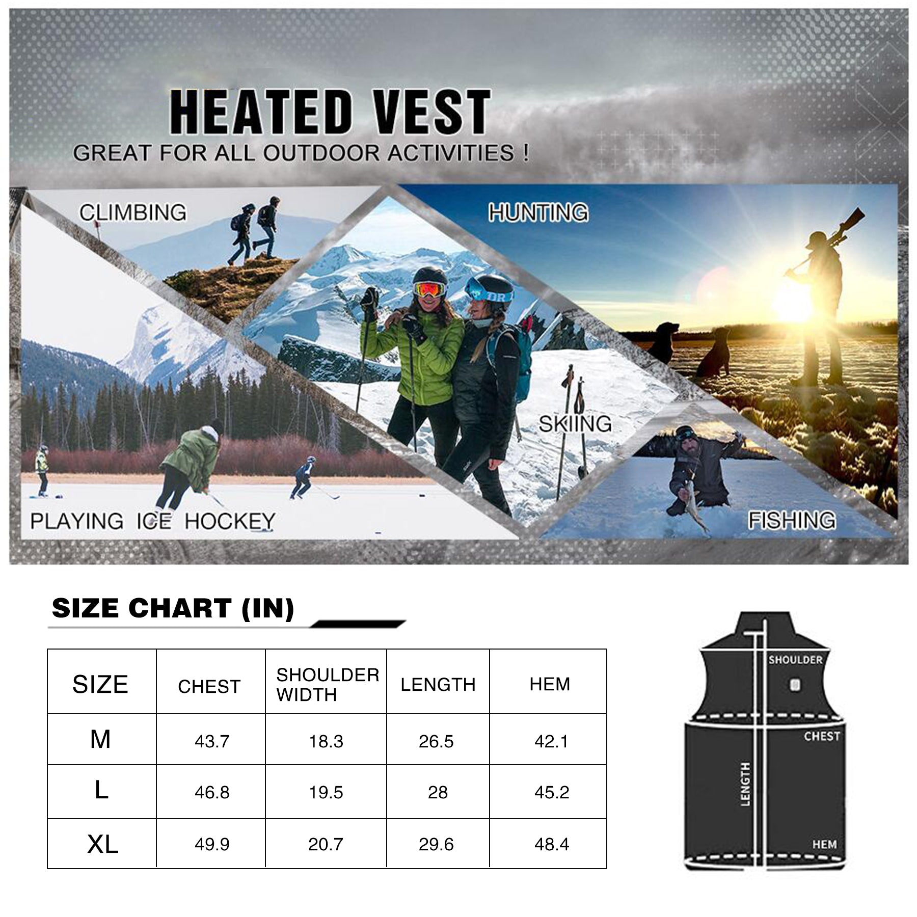 HARDLAND Heated Vest 9 Heating Zones, 2 Separate Controller, USB Lightweight Electric Jacket for Men