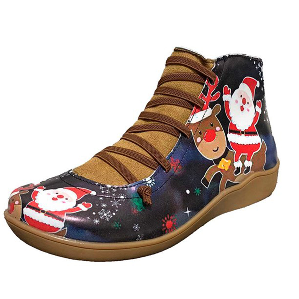 HARDLAND Winter Christmas Plus Size Short Boots Ladies Christmas Print Ankle Boots