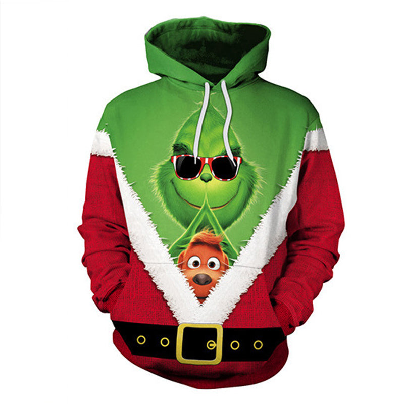 HARDLAND Couple Cute 3D Santa Print Ugly Christmas Kangaroo Pocket Sweatshirt Hoodies Pullover