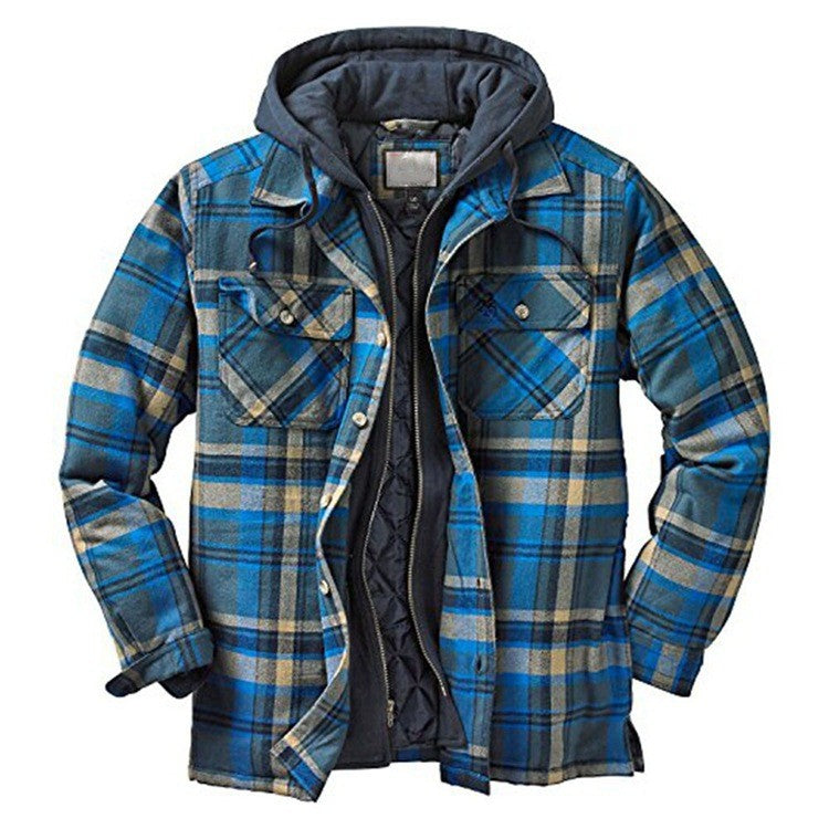 HARDLAND Men's Autumn And Winter Plaid Long-sleeved Loose Hooded Jacket Thickened Coat