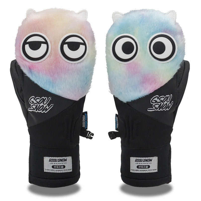 HARDLAND Cute Big Eyes Plush Men And Women Waterproof And Wear-Resistant Ski Gloves