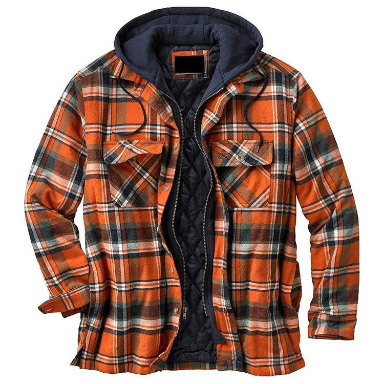 HARDLAND Men's Autumn And Winter Plaid Long-sleeved Loose Hooded Jacket Thickened Coat