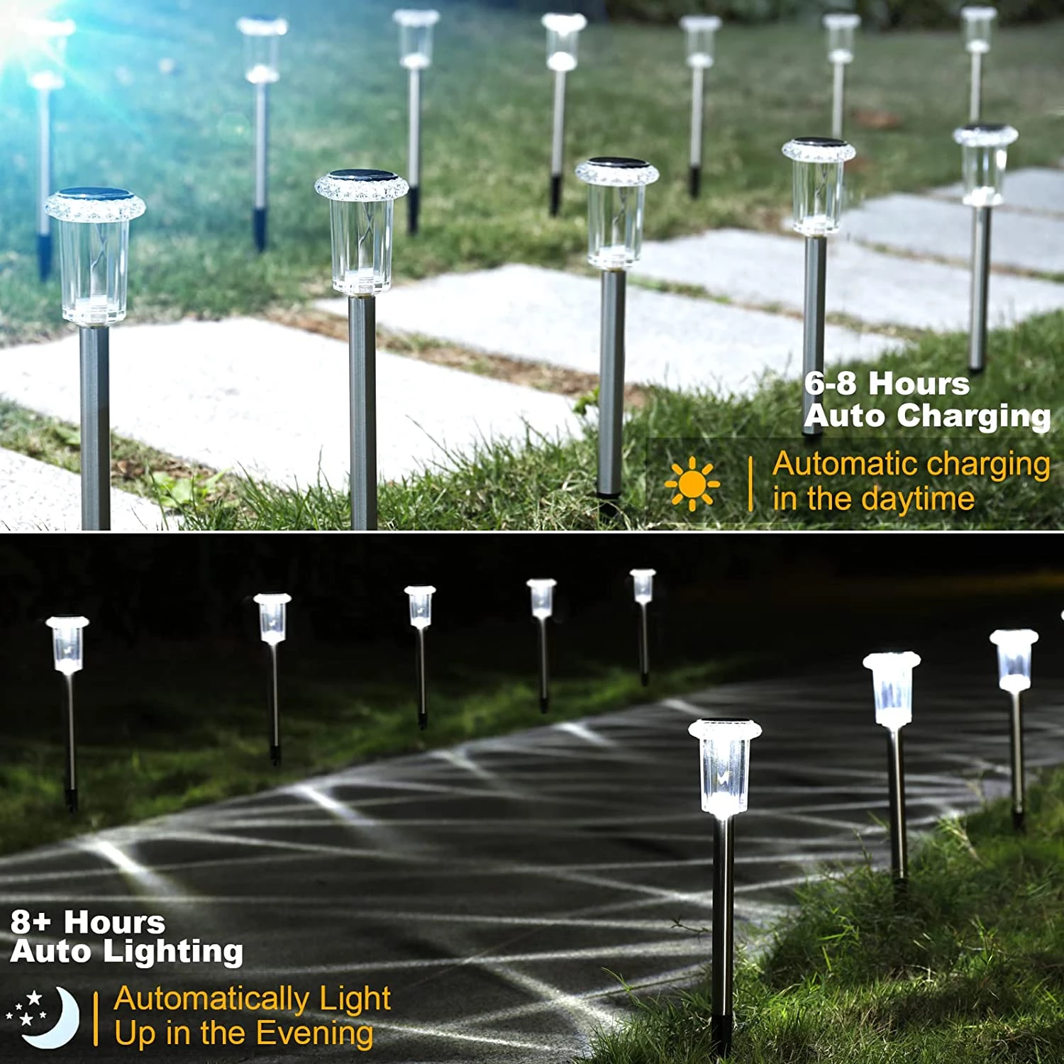 HARDLAND 6 Pack Solar Pathway Lights Outdoor LED Waterproof Stainless Steel Garden Stakes Lights